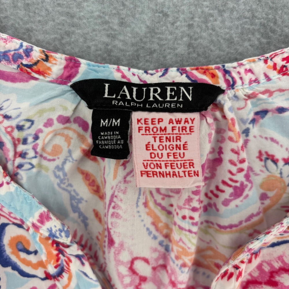 Lauren Ralph Lauren Blouse Womens Medium Pink Paisley Cotton Viscose V-Neck Top - Picture 3 of 9